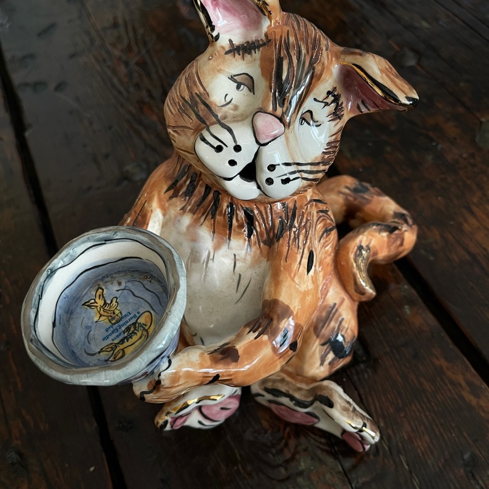 Home Interiors cat candle holder - incense burner.